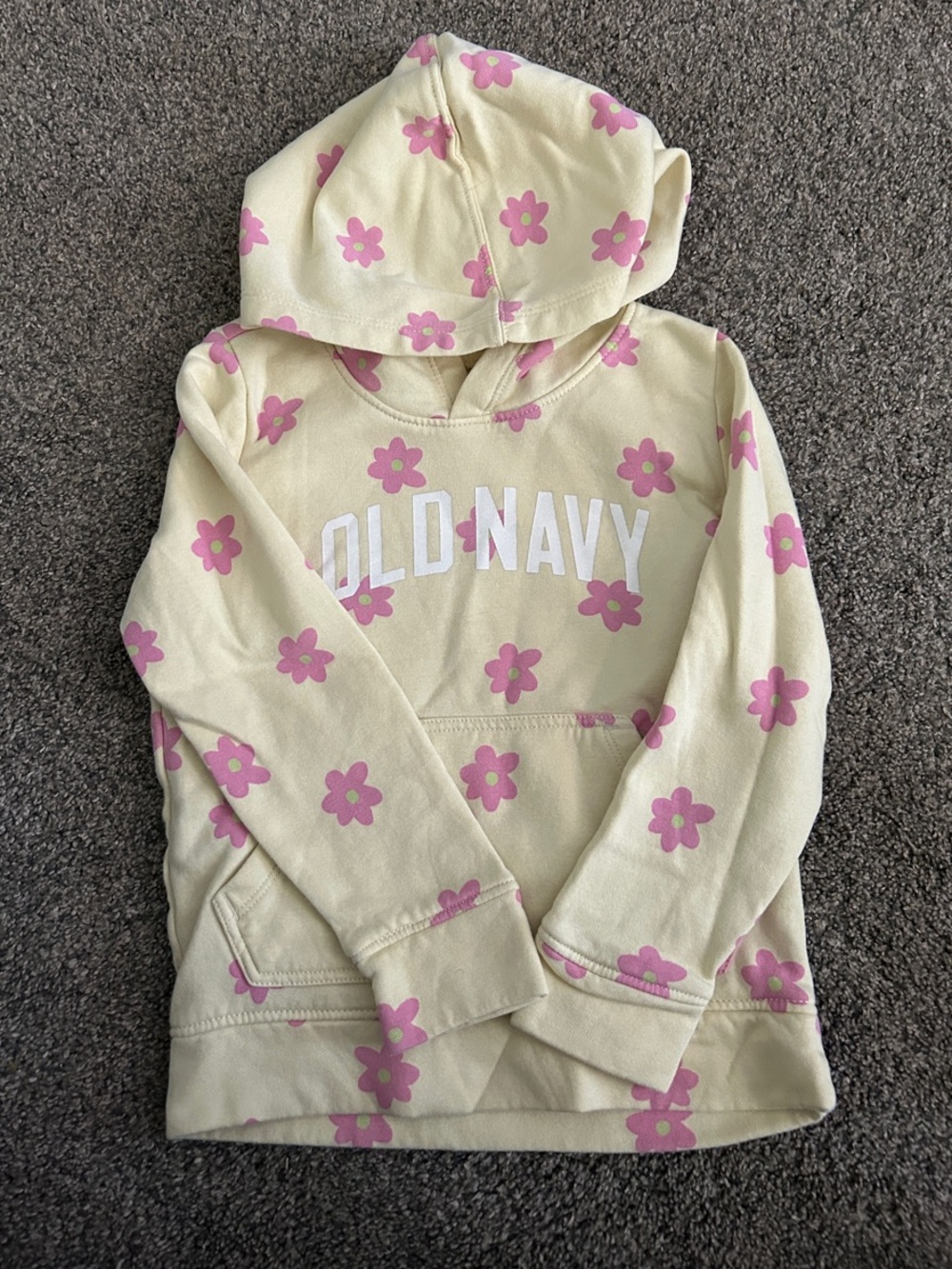 Old Navy Pale Yellow Hoodie with Pink Flower Pattern 5t